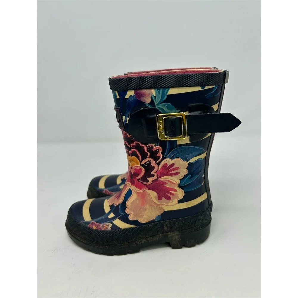 Joules Girls Welly Rain Boots Navy Stripe Floral Buckle Pull-On Mid-Calf Size 9